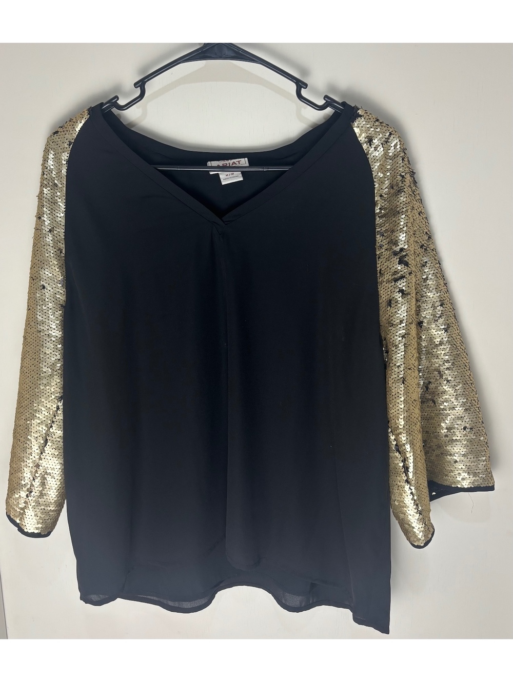 Ariat Cha-Ching Top Women M Black Gold Sequin Bell Sleeve Western Glam